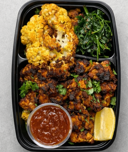 Harissa Chicken + Turmeric Rice + Roasted Cauliflower + Spinach